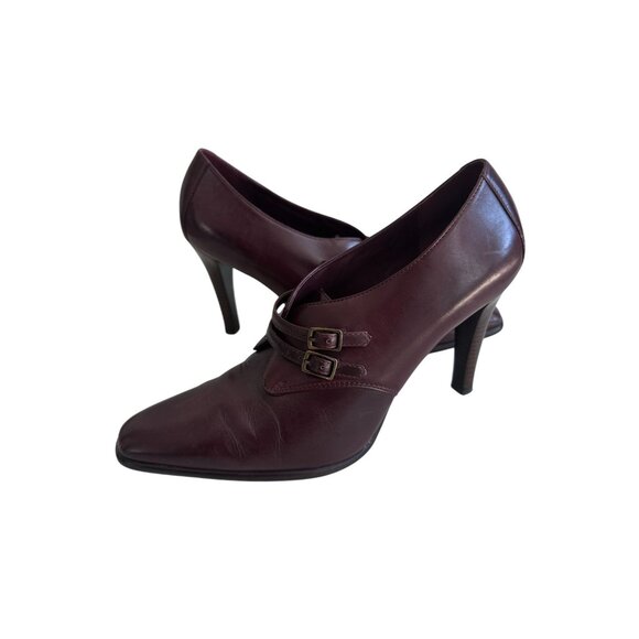 LAUREN RALPH LAUREN Burgundy Brown Tone Leather Booties Heels Size 8 - Picture 1 of 8